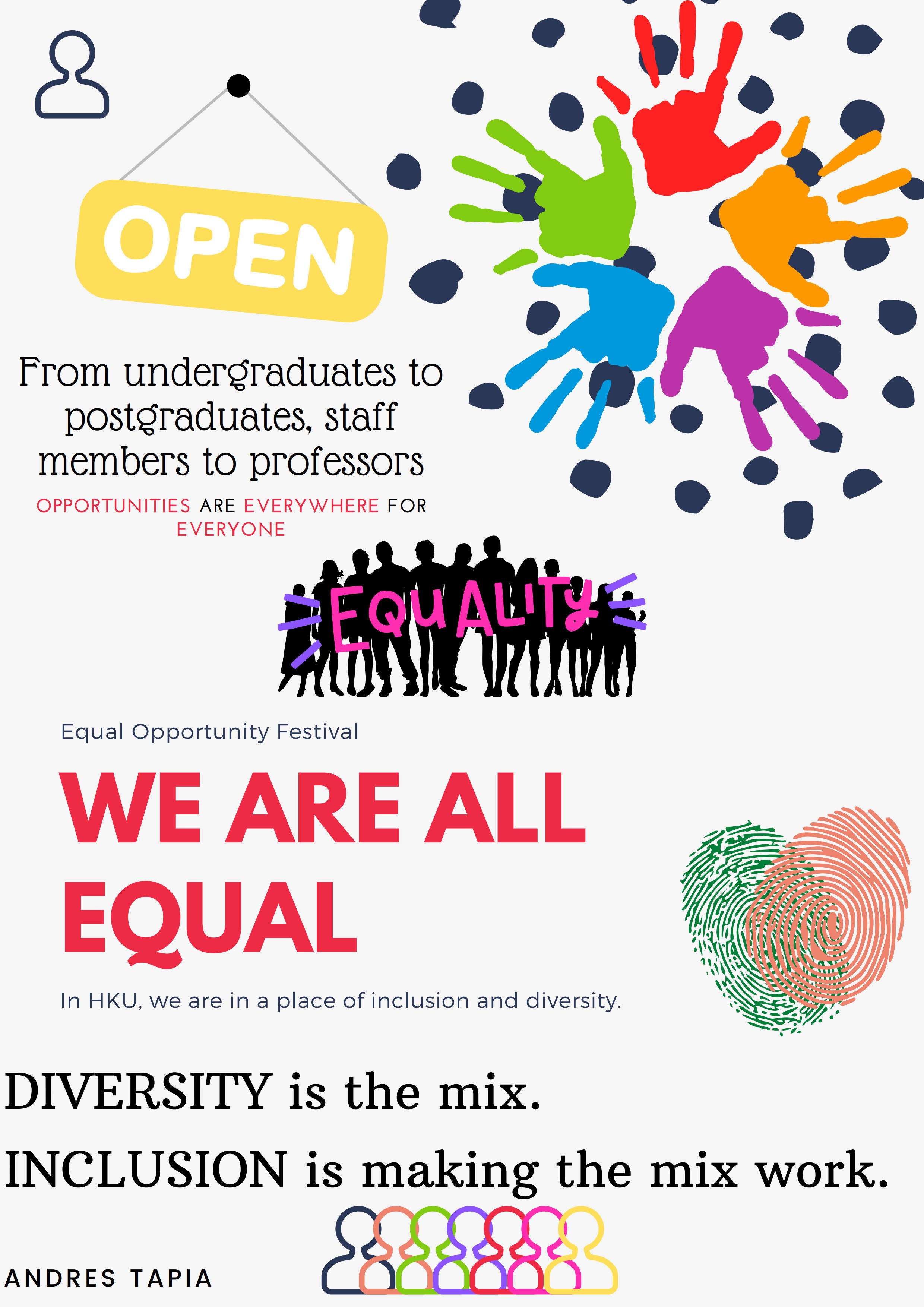 The poster is colorful as it implies that diversity is present in the family of HKU. The fingerprints and the ‘open’ mean the uniqueness and welcome from every individual. Eye-catching font and color of words are chosen in order to attract people. By ending the poster with a powerful quote, I hope that people can rethink about how they treat people differently and whether this is a positive attitude.  The poster tries to emphasize two things, everyone is equal in the University of Hong Kong and we should accept the concept of diversity and inclusion. Opportunities are everywhere, no matter what your positions are. Through this, I hope that individuals in HKU can be brave to try new things, face challenges. They should grab opportunities that are foreseeable and turn them into possibilities. At the same time, I hope to raise public attentions about the diversity and inclusion in university. I wish that the poster can give them an insight and raise people’s awareness in diversity and inclusion.