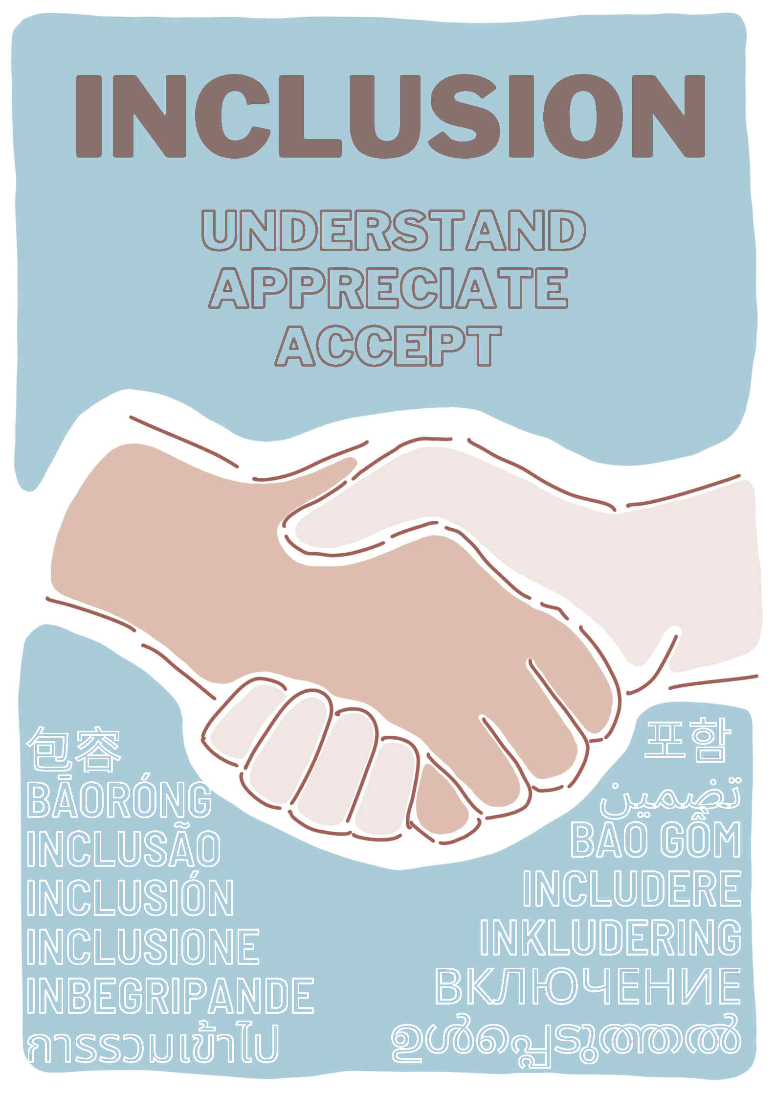 Merit: Wong Tsz Ching Ruby (Inclusion in HKU understand appreciate accept) This poster aims to promote inclusion in HKU. Inclusion can be achieved when we understand the uniqueness of each individual among the community, then we shall try to appreciate each other. On the poster visual design, The shaking hands of two individuals from different background (race, gender) signifies “acceptance”. The acceptance of our uniqueness and differences. And the acceptance of every one of us in the community. Hopefully this poster reminds every one of us to understand, appreciate, and accept - which cultivates inclusion.