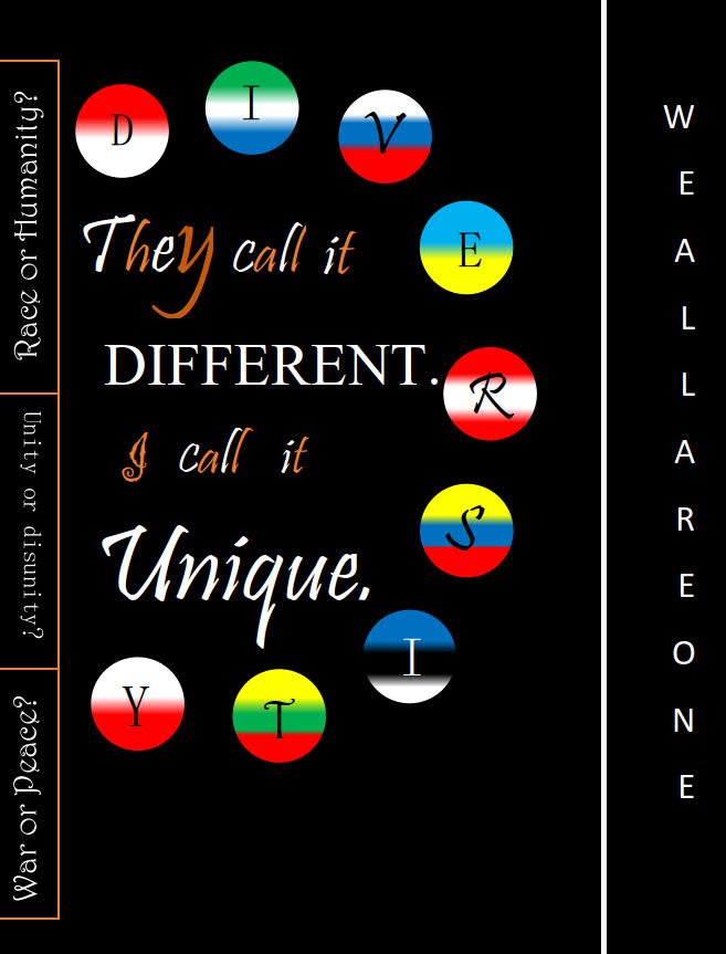 My motive behind this poster is unity.  I added a quote which I wrote myself. “They call it different; I call it unique”. This explains although we belong to different backgrounds, we speak different languages, we eat different food etc. But at the end of the day we all are same because we all come under one category and that is humanity. The reason I call it unique is although we are from different  backgrounds but it is unique in so many different ways. Imagine if we all were same, wouldn’t that be boring speaking the same language, eating the same food every day, listening to the same music and many more. So, differences make us unique because we learn new things and enjoy.  Moreover, I asked three questions in my poster for us to reflect do we really welcome other cultures and backgrounds? A recent incident happened which really saddened me about Black lives matter. And I have answered these questions in the poster by adding “We all are one”, which is the message of unity.  Lastly, I wrote “DIVERSITY” in different circles and I have added  flags of different countries in each circle to symbolizes diversity. 