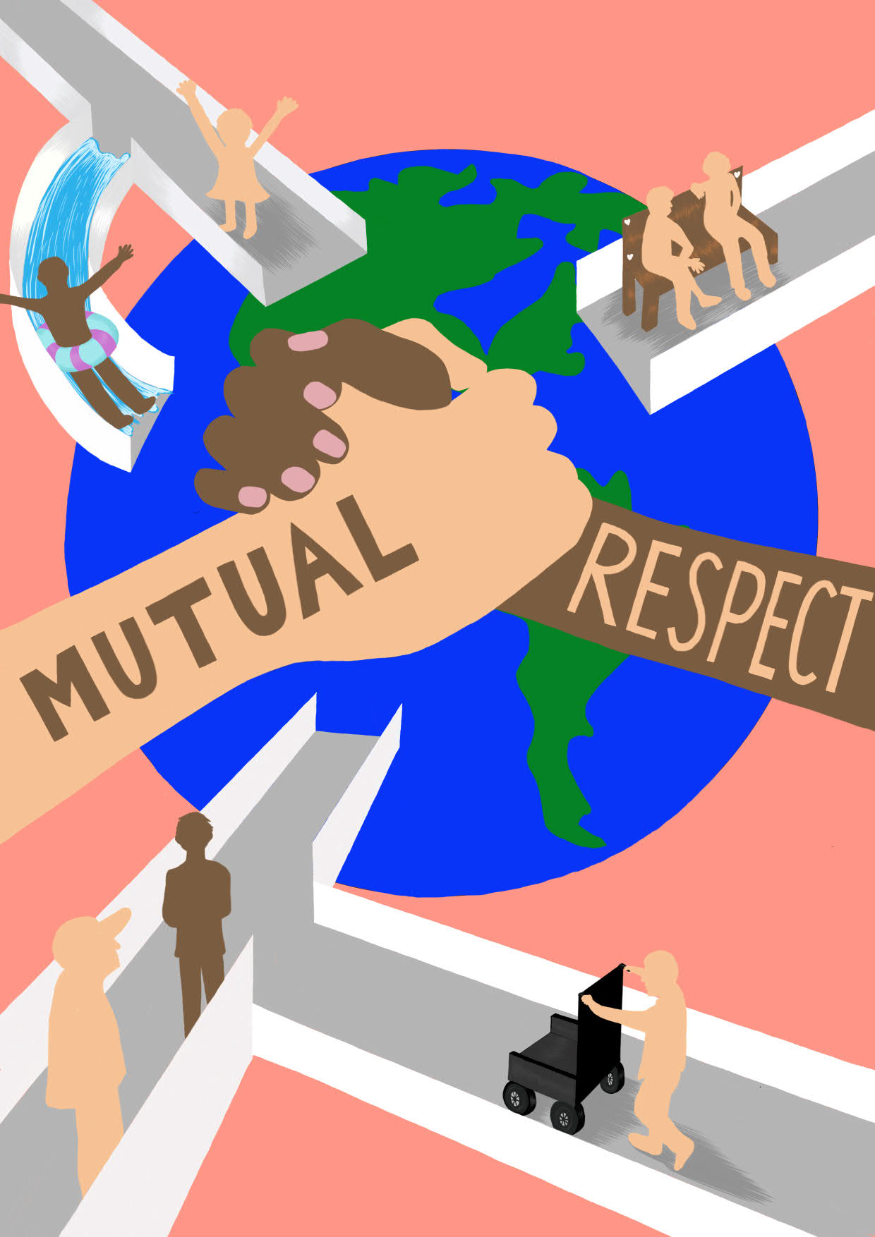Based on the theme of mutual respect, I was inspired to explore the idea of mutual respect in the world that is irrespective of ethnicity, culture, background or age. I tried to portray this through the interactions of people in a community - I chose not to draw the details of the people in the artwork and instead chose to draw the silhouette because no matter what someone may look like, everyone should be treated equally and not discriminated because of their looks and we should avoid having prejudice or preconceived opinions about people. Furthermore, humans should not be discriminated because of their skin color, we should all respect and support others and provide equal opportunities for everyone.